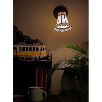 Wandlamp Tiffany 6205 - 17x12x23 cm Wit Bruin Glas Metaal Rond